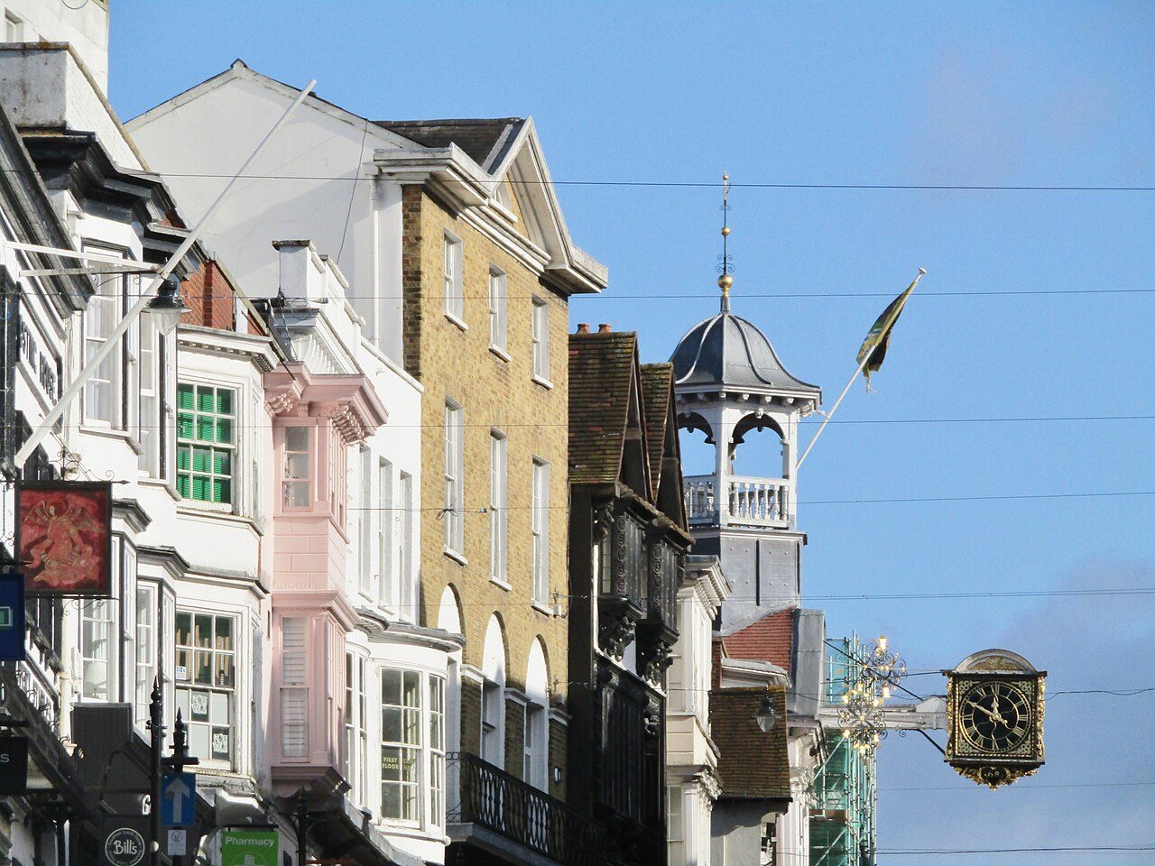 Guildford High Street, with the Guildhall clock