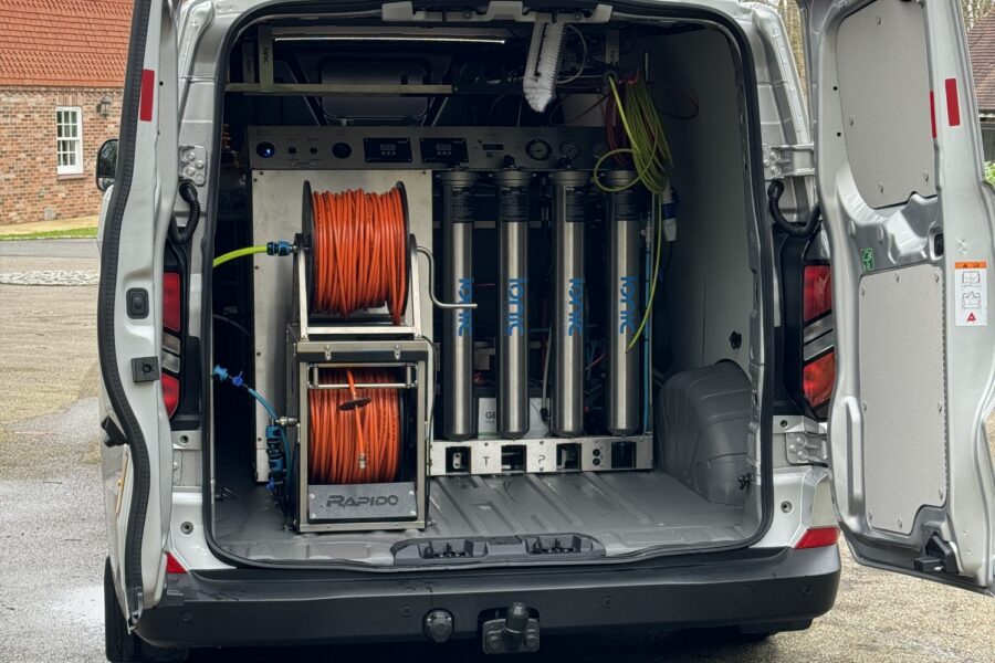 Pure water and hot water system in the back of the Integrity Window Cleaning van